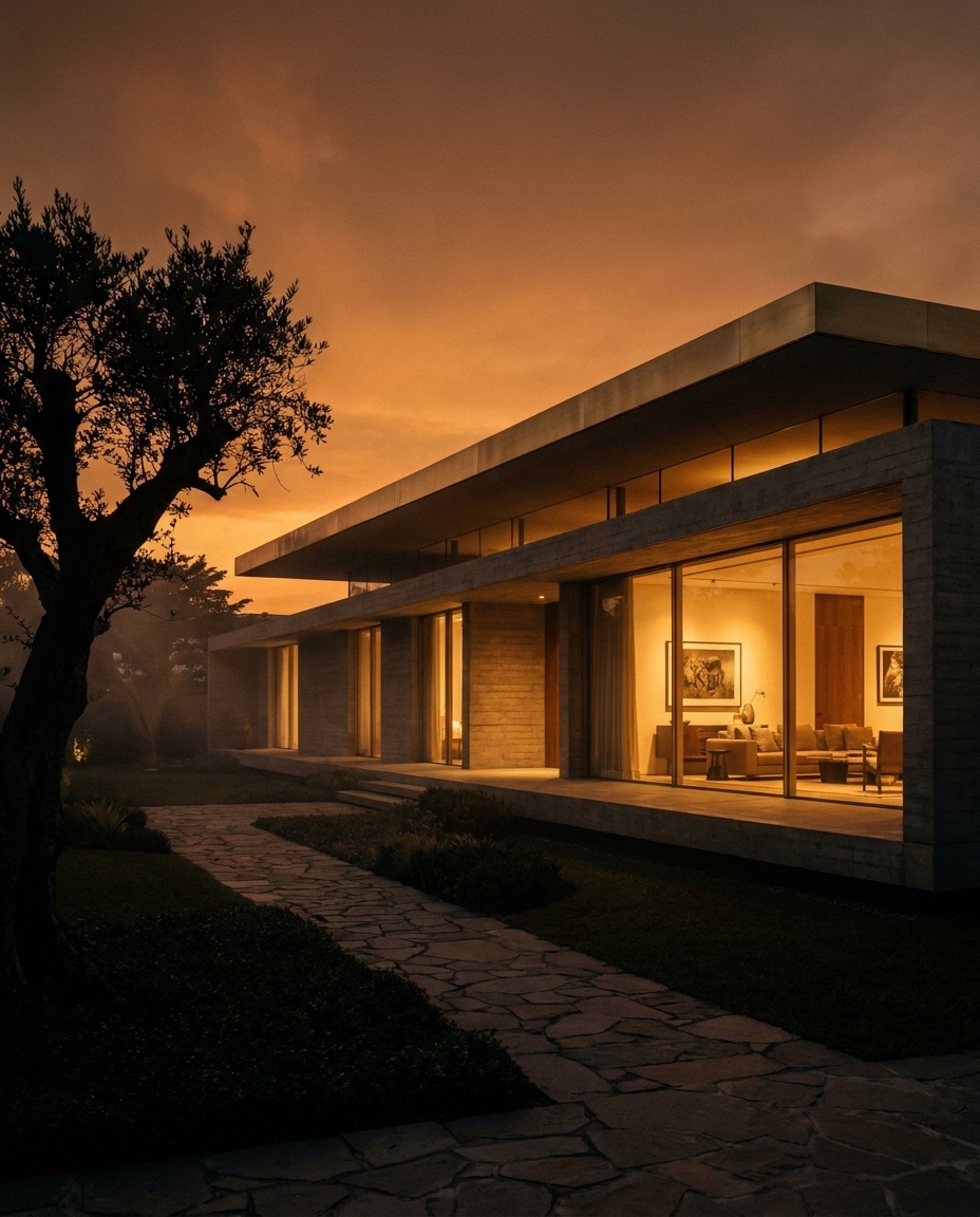 Modern residence glowing at dusk among established trees